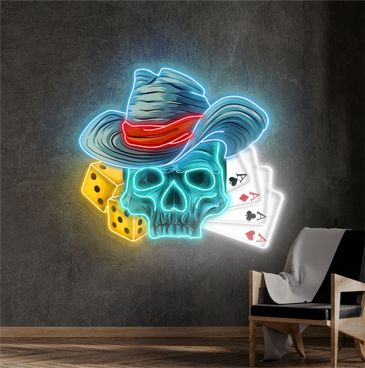Enseigne néon LED œuvre d'art Crâne de la Chance