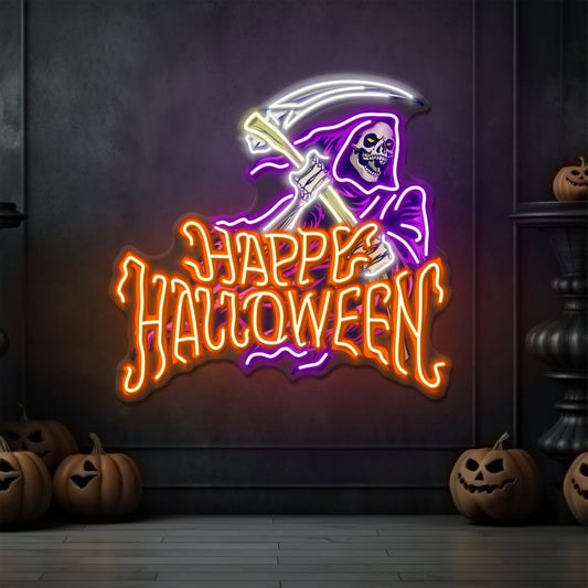 Enseigne Néon LED Joyeux Halloween Faucheuse