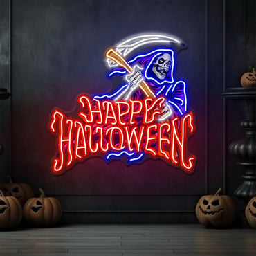 Enseigne Néon LED Joyeux Halloween Faucheuse