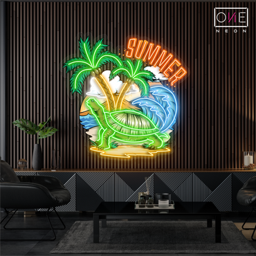 Enseigne néon LED œuvre d'art tortue tropicale d'été