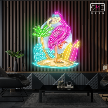 Enseigne néon LED œuvre d'art île aux flamants roses