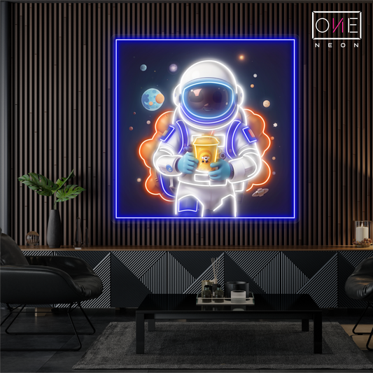 Enseigne néon LED illustrée de thé aux perles d'astronaute
