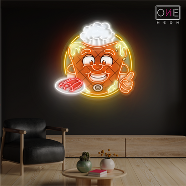 Enseigne lumineuse LED néon « Happy Mascot Of Meat Steak Artwork »