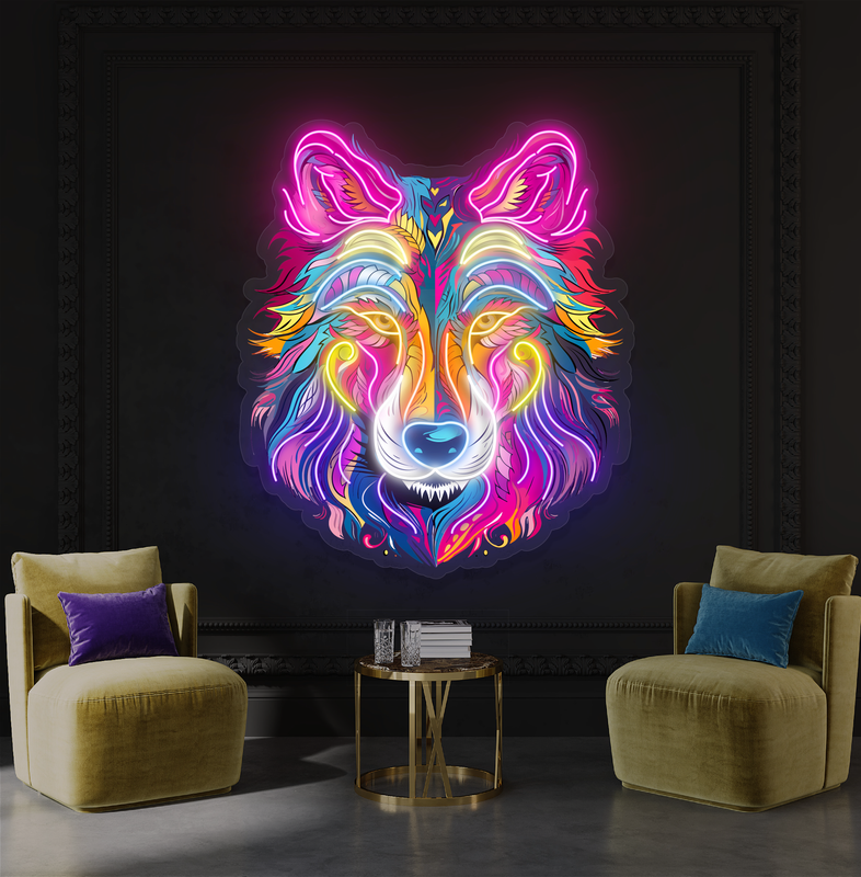 Enseigne néon LED œuvre d'art loup aurore