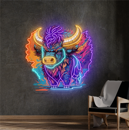 Enseigne néon LED œuvre d'art Bison mystique