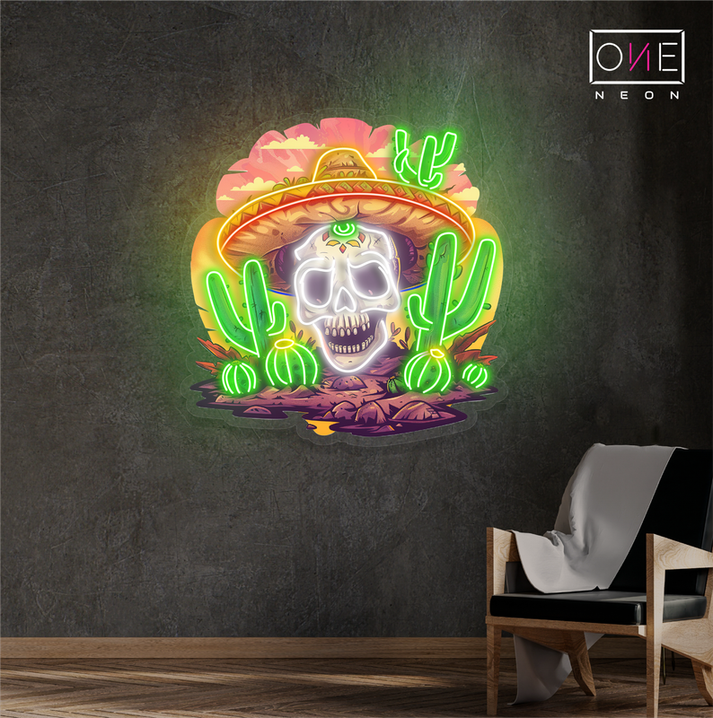 Enseigne néon LED murale crâne mexicain du désert