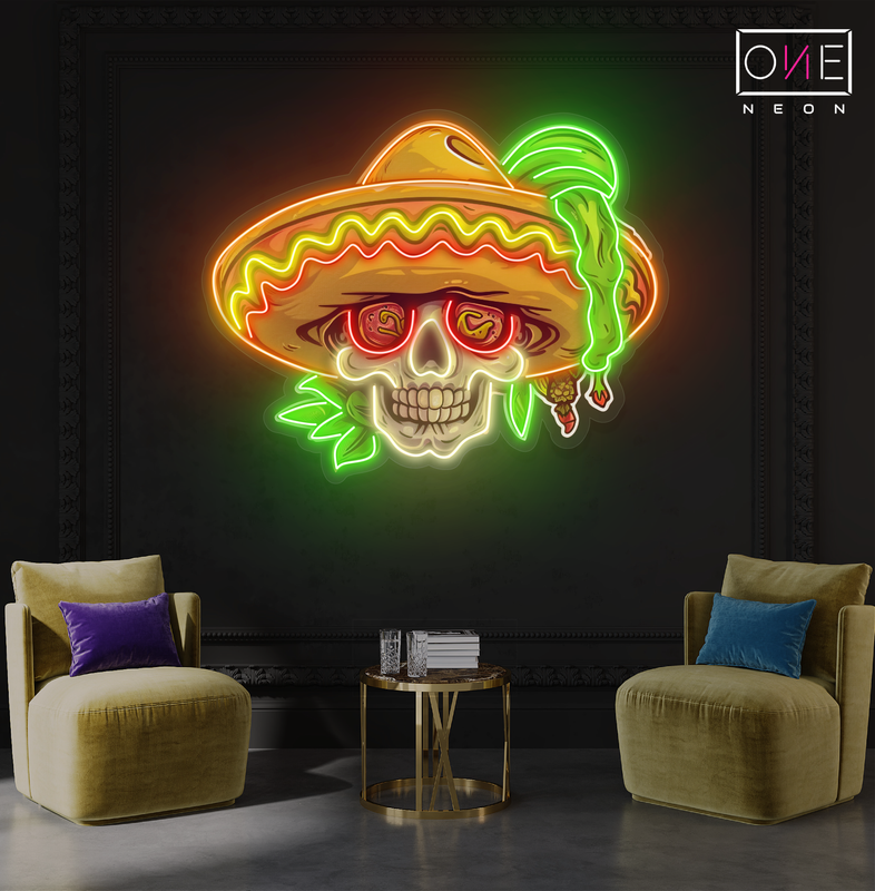 Enseigne néon LED œuvre d'art Fiesta Skull Vibes