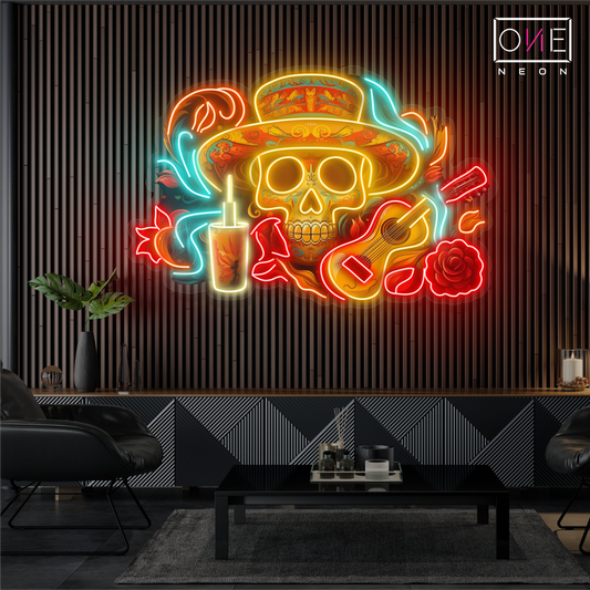 Enseigne néon LED Mariachi Tête de Mort Sérénade