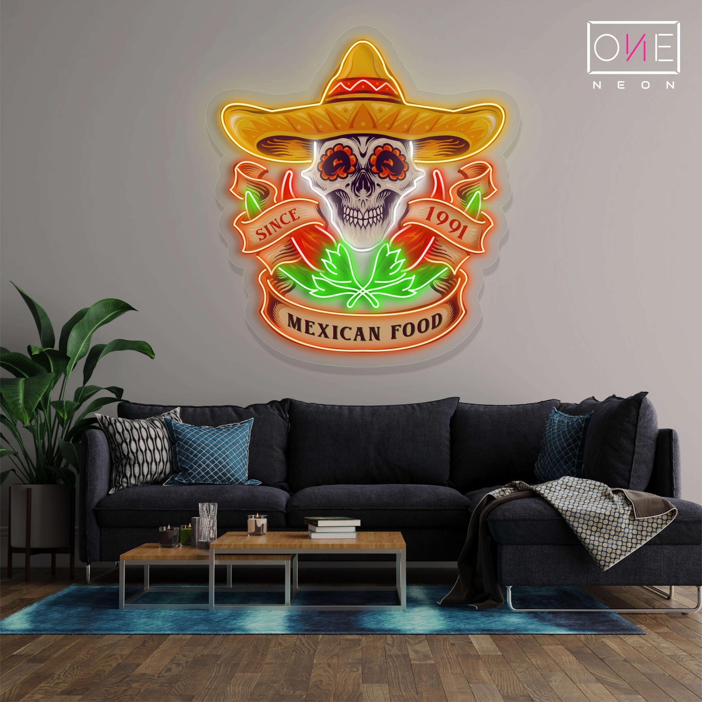 Enseigne Néon LED Tête de Mort Nourriture Mexicaine