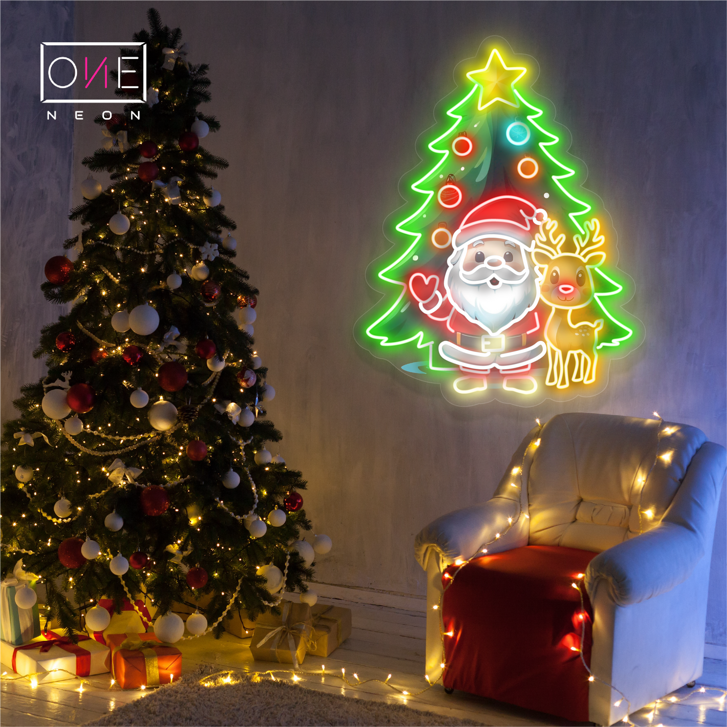Enseigne néon LED Père Noël et Rudolphe