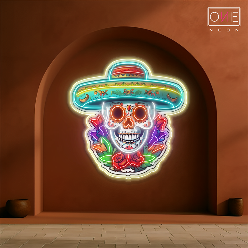 Enseigne néon LED Tête de mort Calavera florale