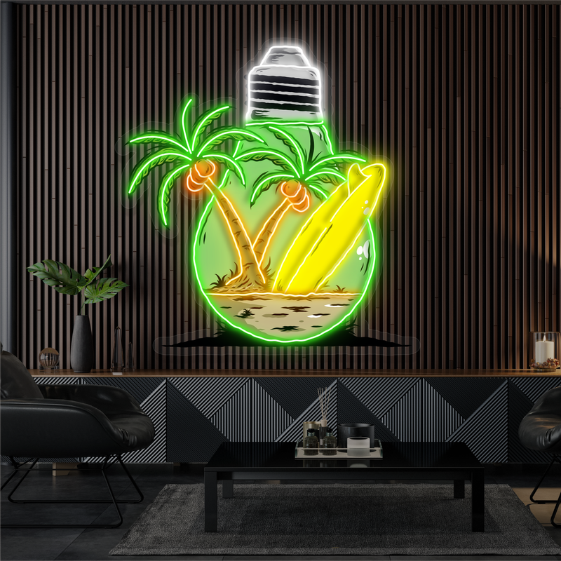 Enseigne néon LED œuvre d'art île dans une ampoule