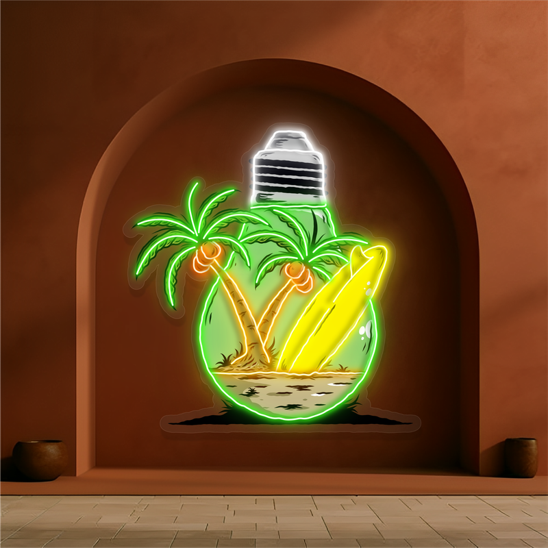 Enseigne néon LED œuvre d'art île dans une ampoule