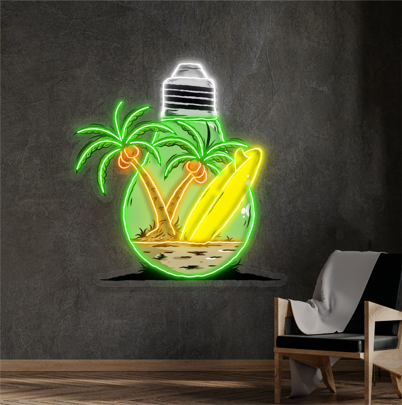 Enseigne néon LED œuvre d'art île dans une ampoule