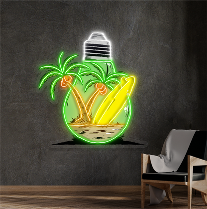 Enseigne néon LED œuvre d'art île dans une ampoule