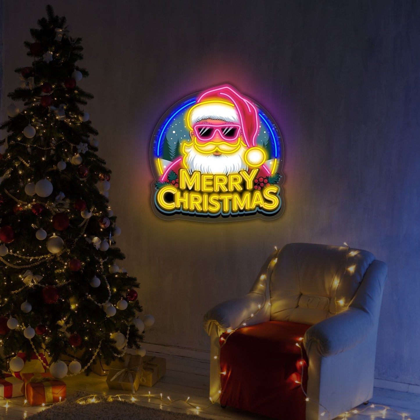 Enseigne néon LED "Joyeux Noël" Père Noël stylé