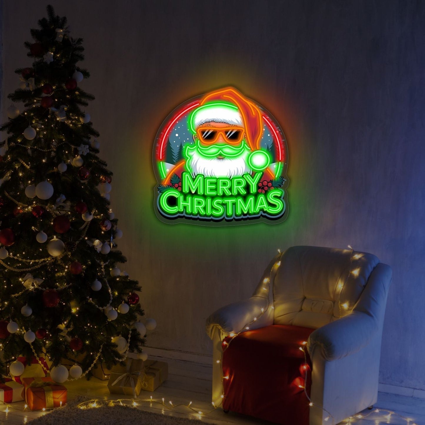Enseigne néon LED "Joyeux Noël" Père Noël stylé