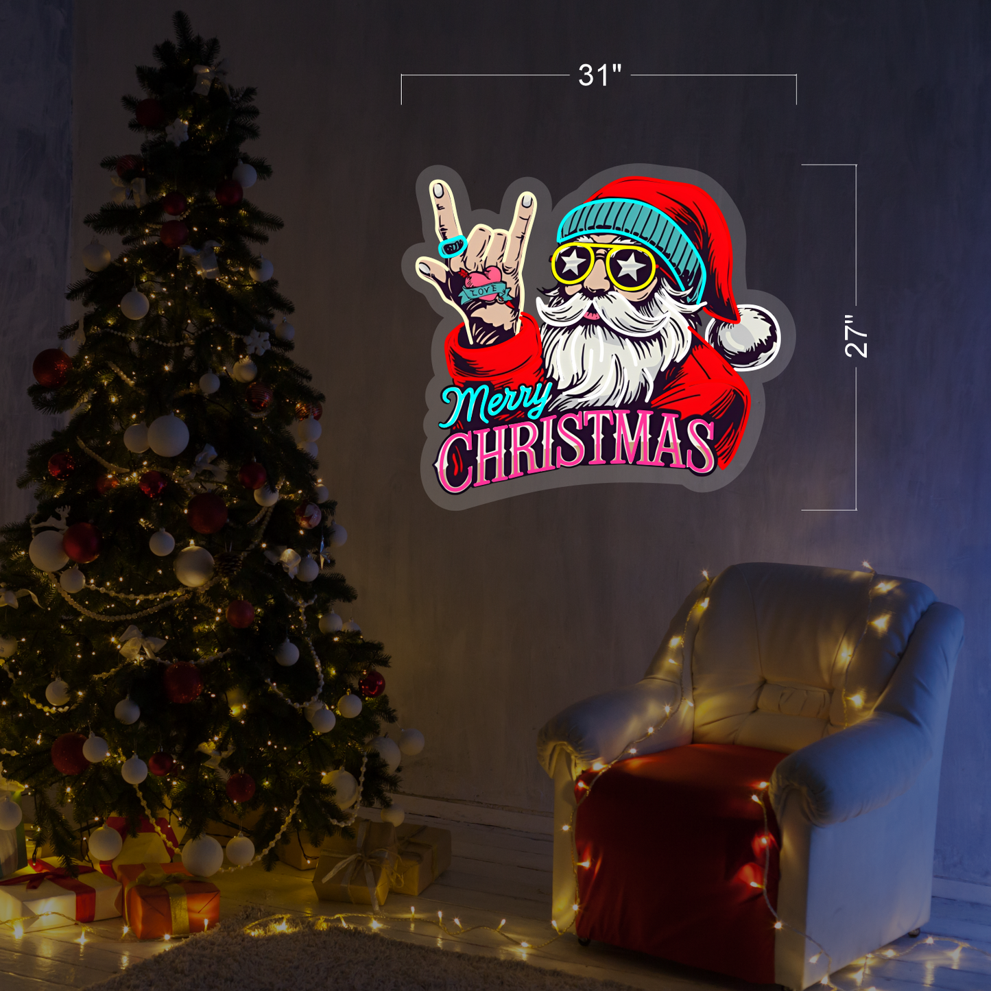 Enseigne néon LED Rockin' Santa Joyeux Noël