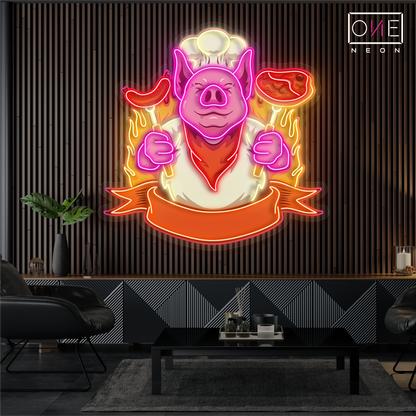 Enseigne néon LED Chef Pig BBQ