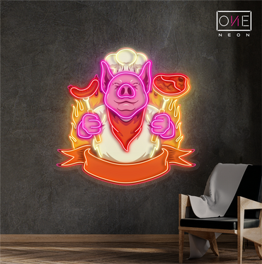 Enseigne néon LED Chef Pig BBQ