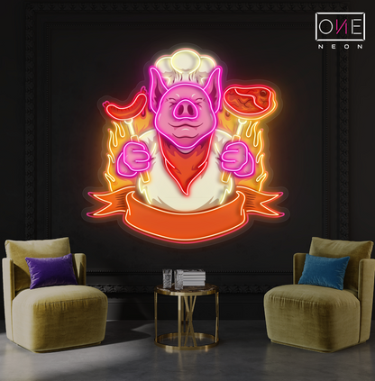 Enseigne néon LED Chef Pig BBQ