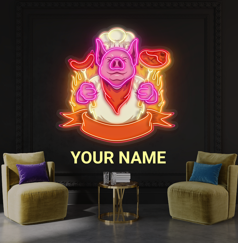 Enseigne néon LED Chef Pig BBQ
