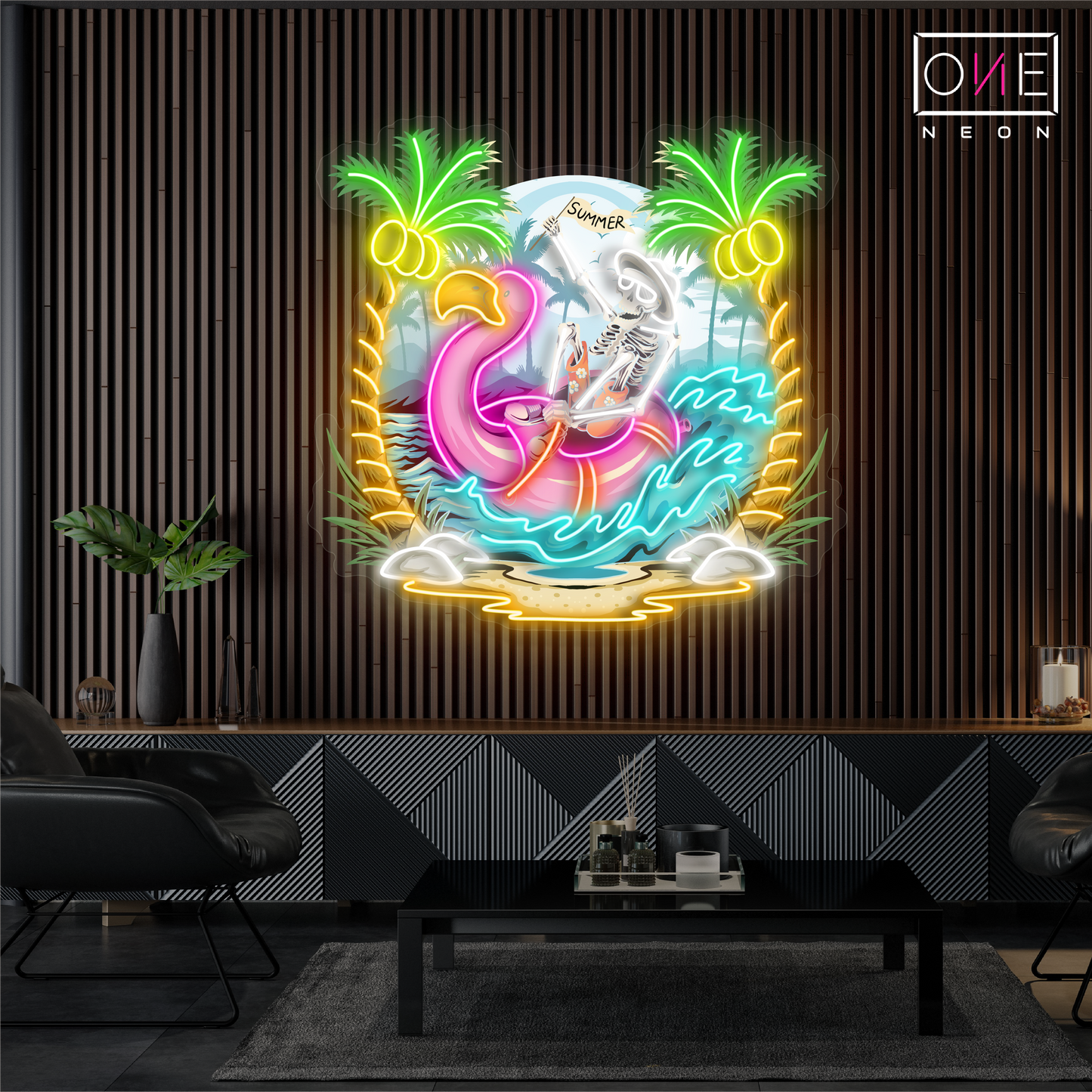 Enseigne néon LED œuvre d'art squelette d'été