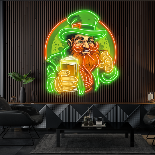 Enseigne néon LED "Cheers" avec illustration de leprechaun