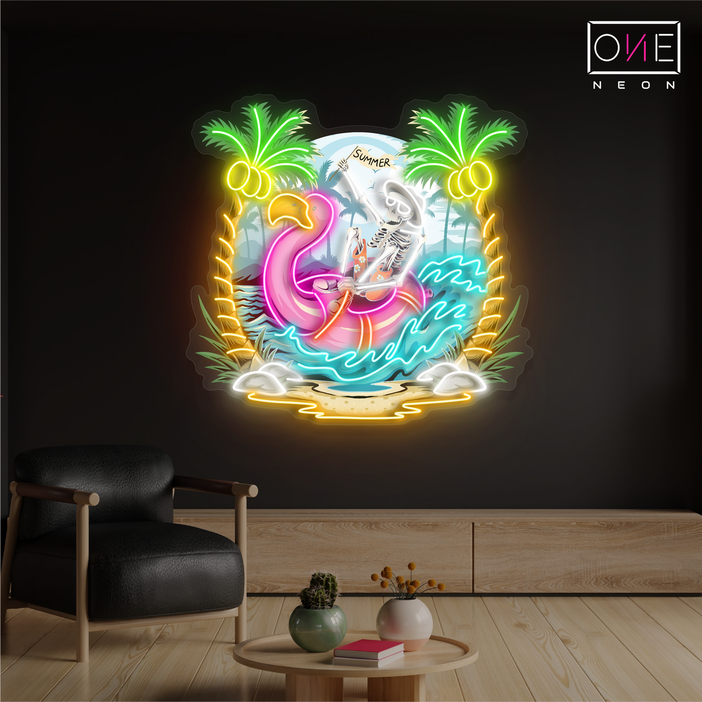 Enseigne néon LED œuvre d'art squelette d'été