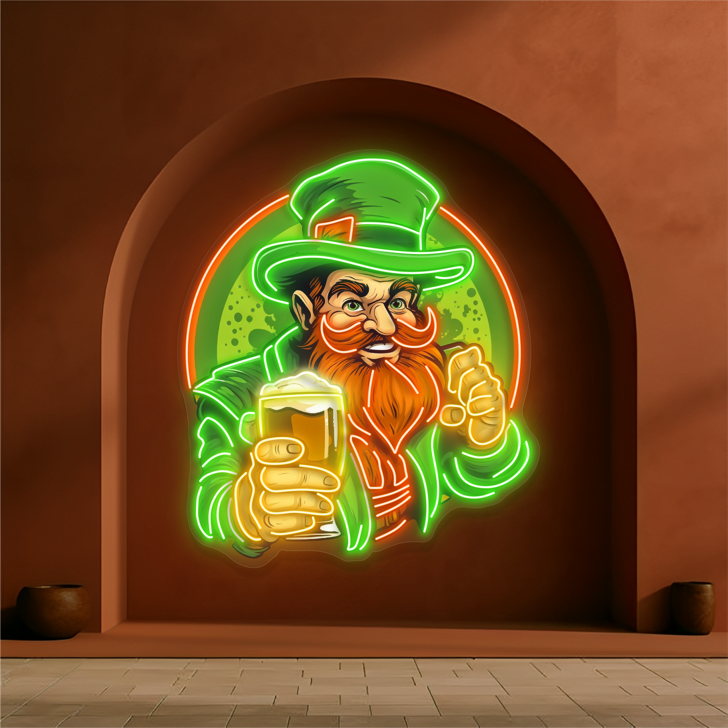 Enseigne néon LED "Cheers" avec illustration de leprechaun