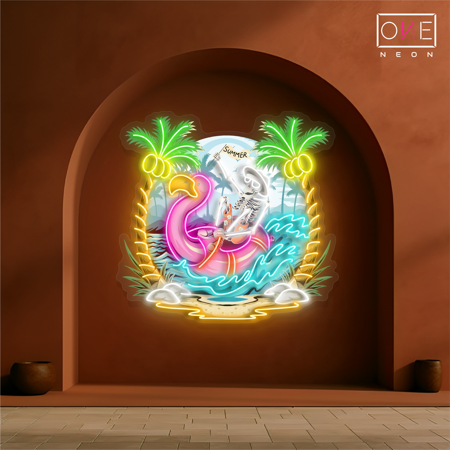 Enseigne néon LED œuvre d'art squelette d'été