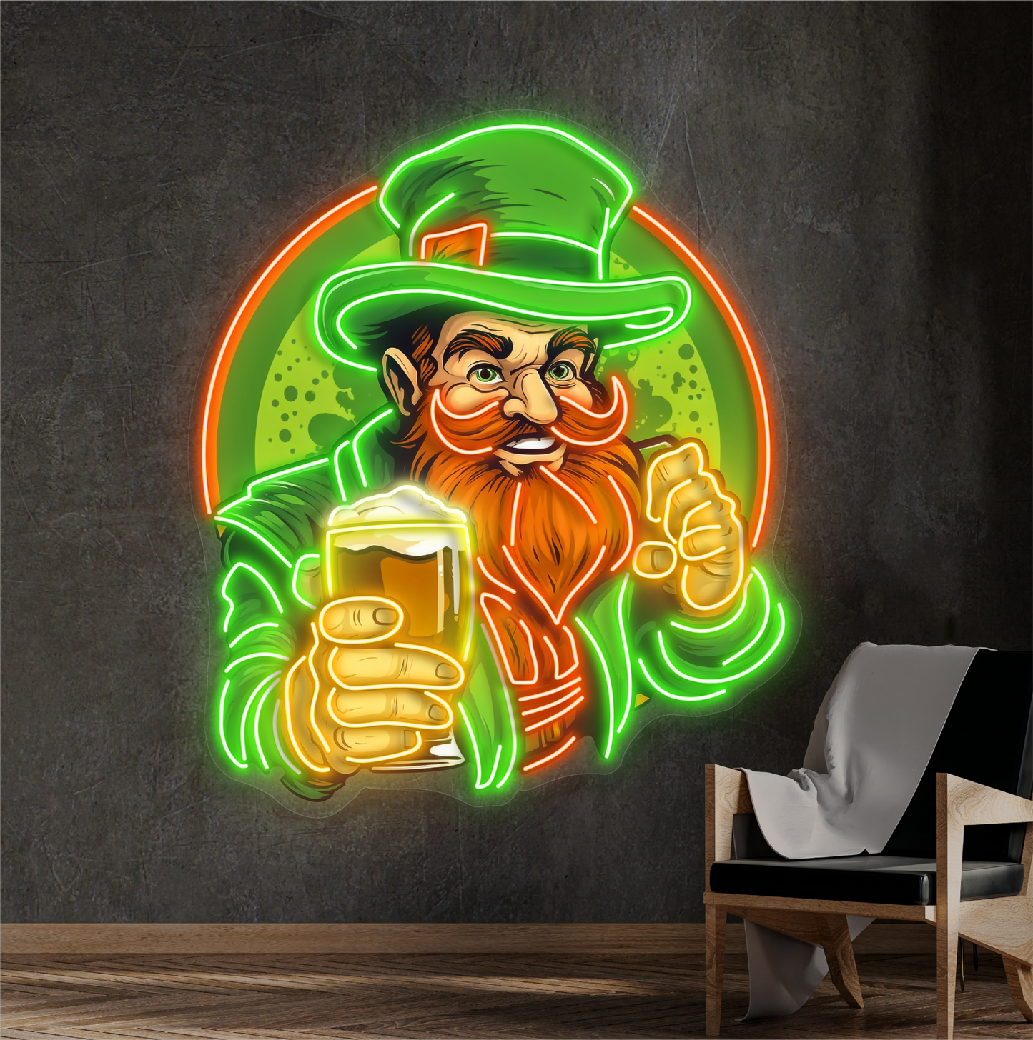 Enseigne néon LED "Cheers" avec illustration de leprechaun