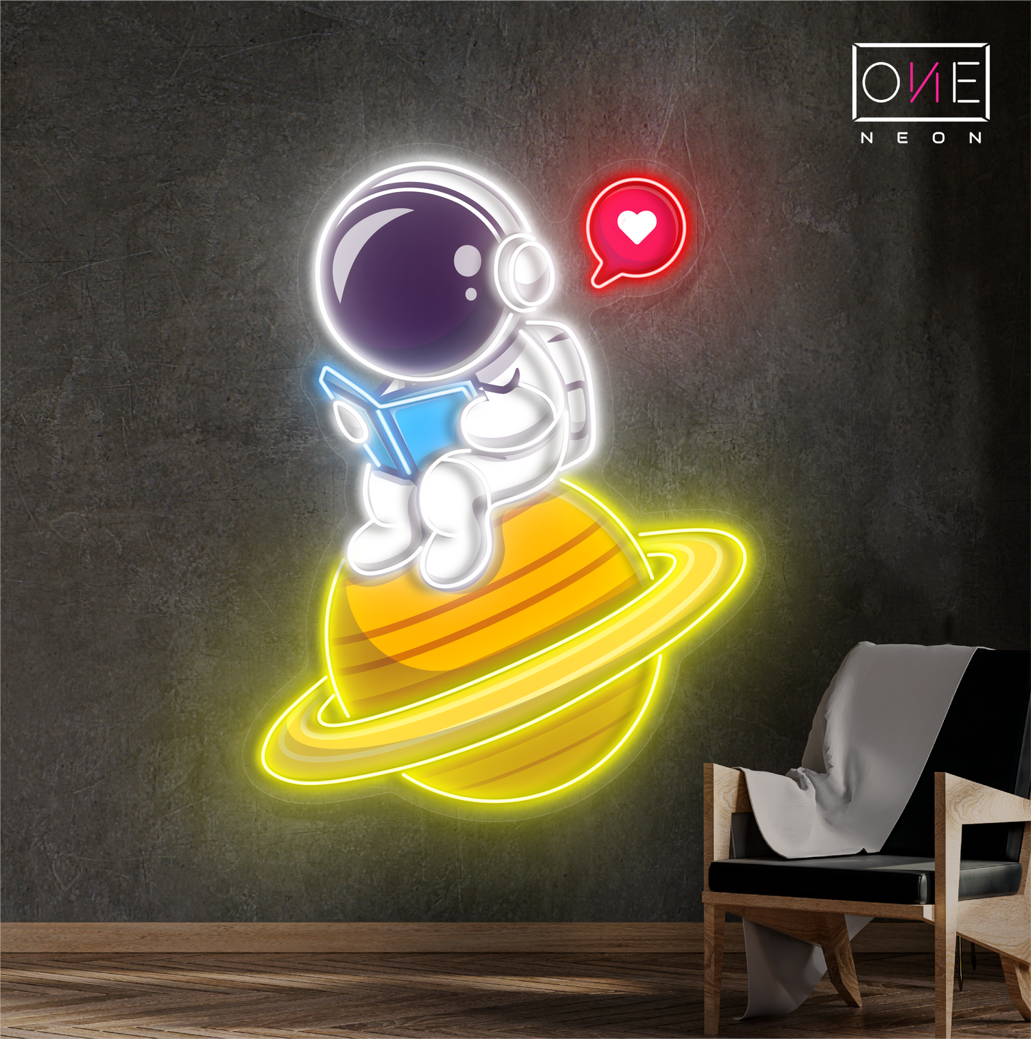 Enseigne néon LED artistique astronaute mignon en train de lire