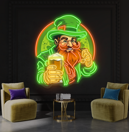 Enseigne néon LED "Cheers" avec illustration de leprechaun