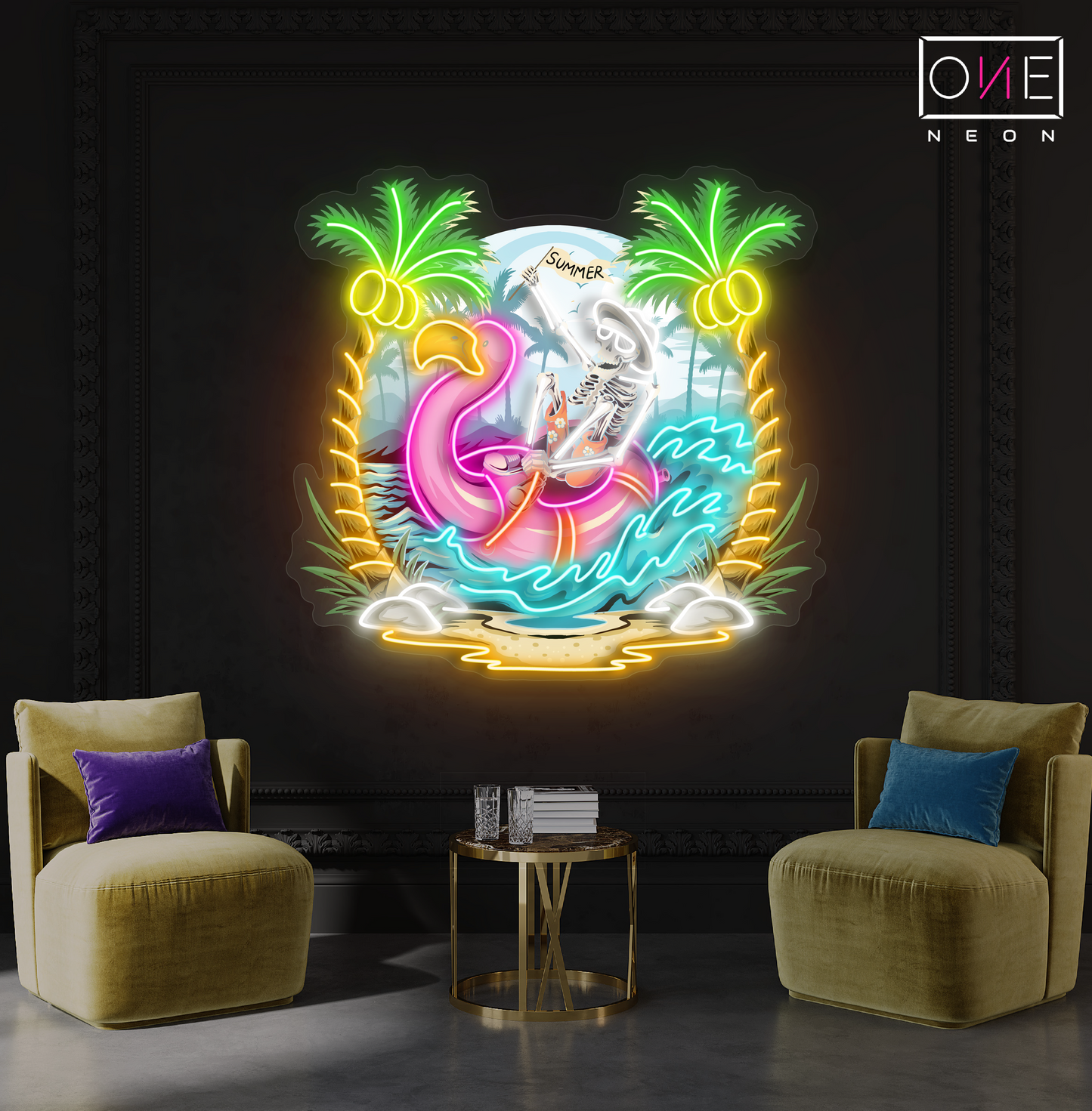 Enseigne néon LED œuvre d'art squelette d'été