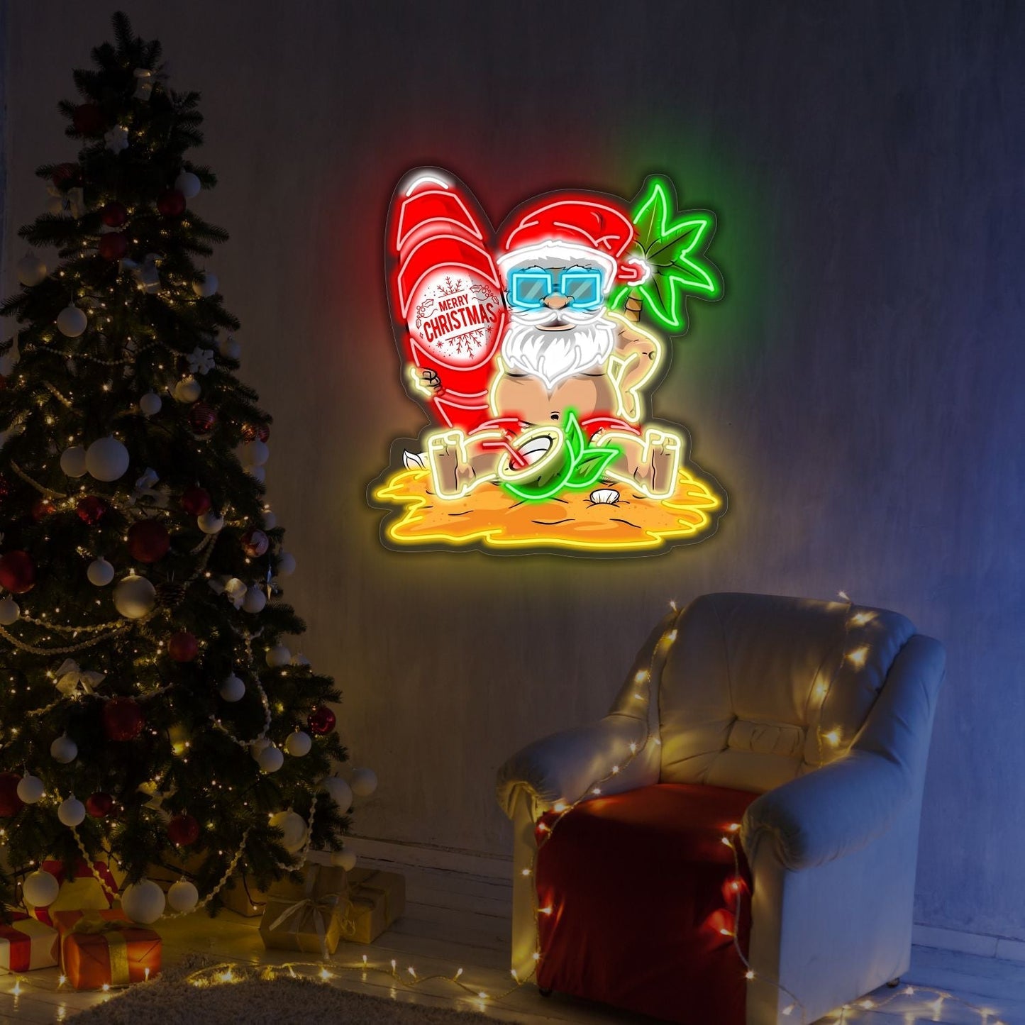 Enseigne lumineuse LED néon Père Noël de plage