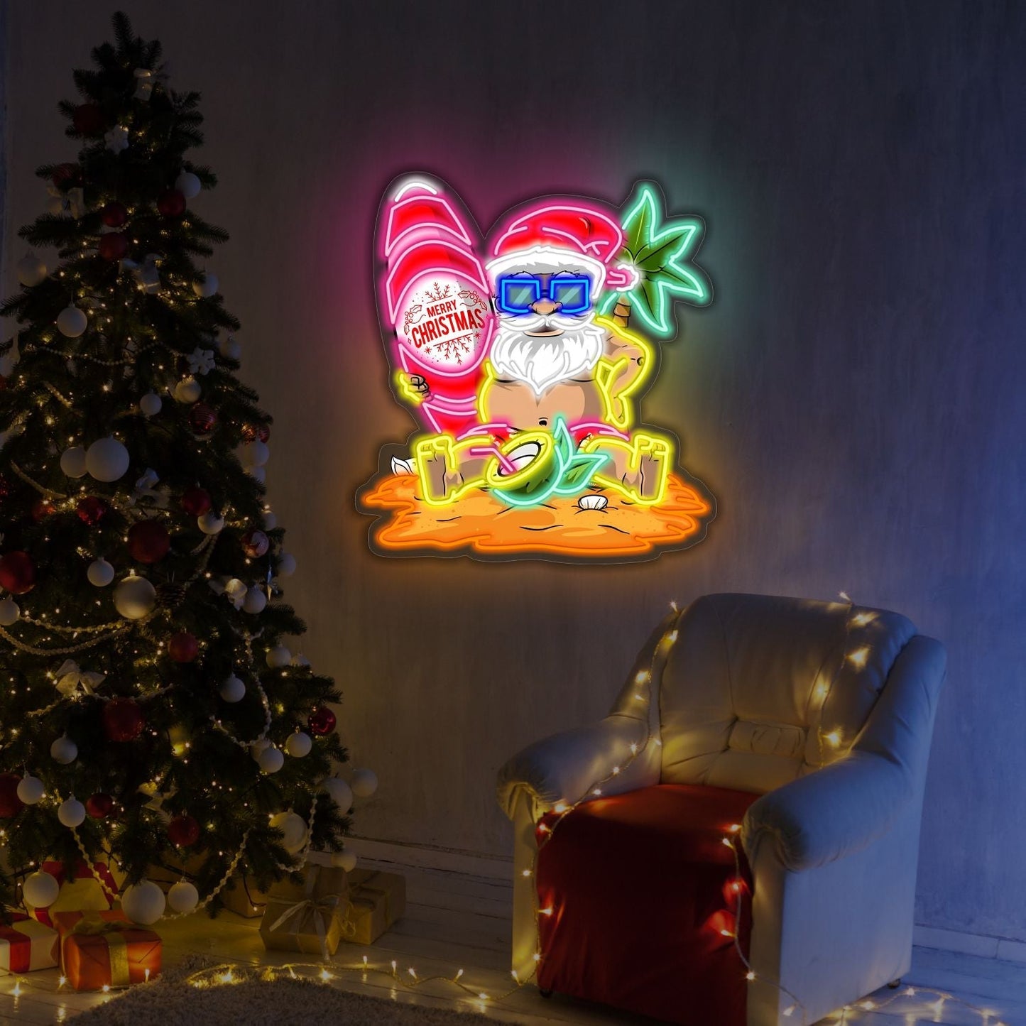 Enseigne lumineuse LED néon Père Noël de plage