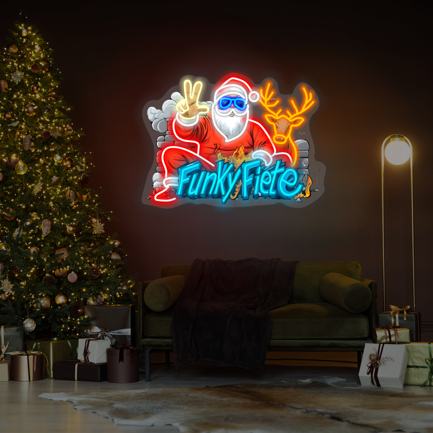Enseigne Néon LED Originale Père Noël et Rennes
