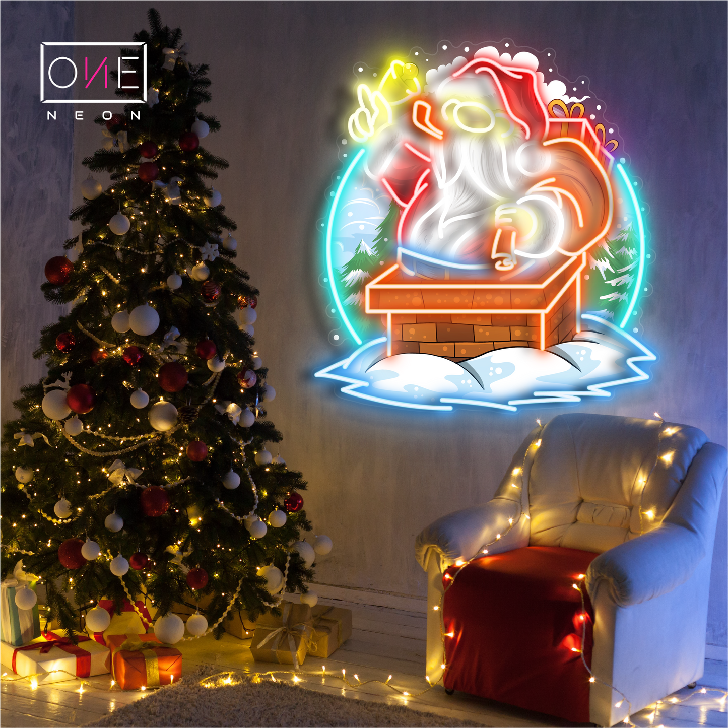Enseigne Néon LED Cheminée Père Noël