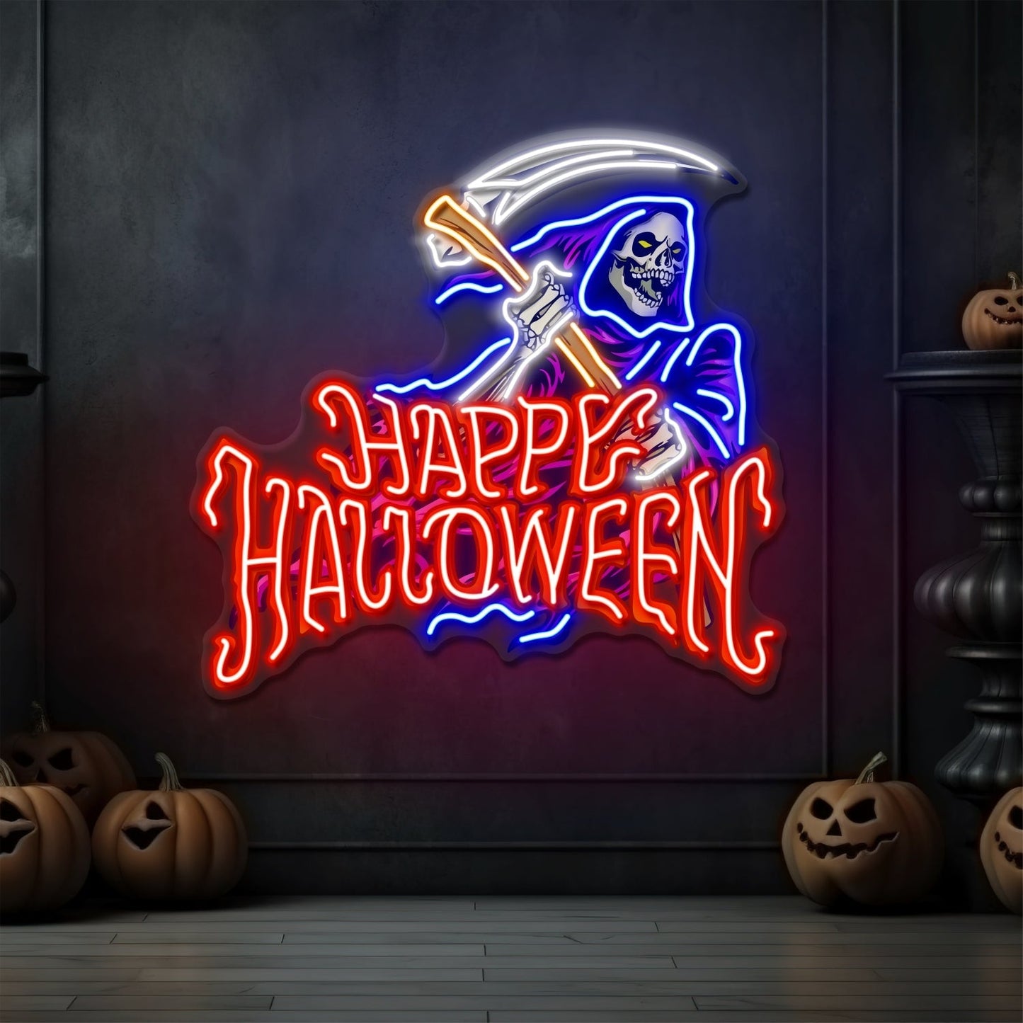 Enseigne Néon LED Joyeux Halloween Faucheuse