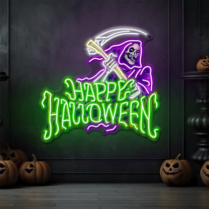 Enseigne Néon LED Joyeux Halloween Faucheuse