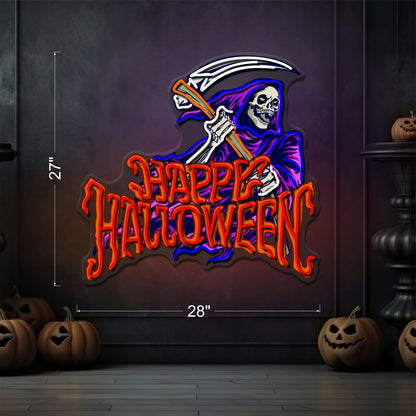 Enseigne Néon LED Joyeux Halloween Faucheuse