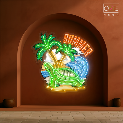 Enseigne néon LED œuvre d'art tortue tropicale d'été