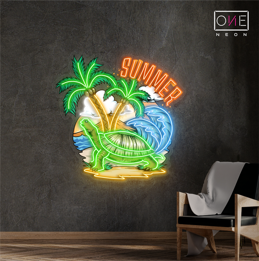 Enseigne néon LED œuvre d'art tortue tropicale d'été