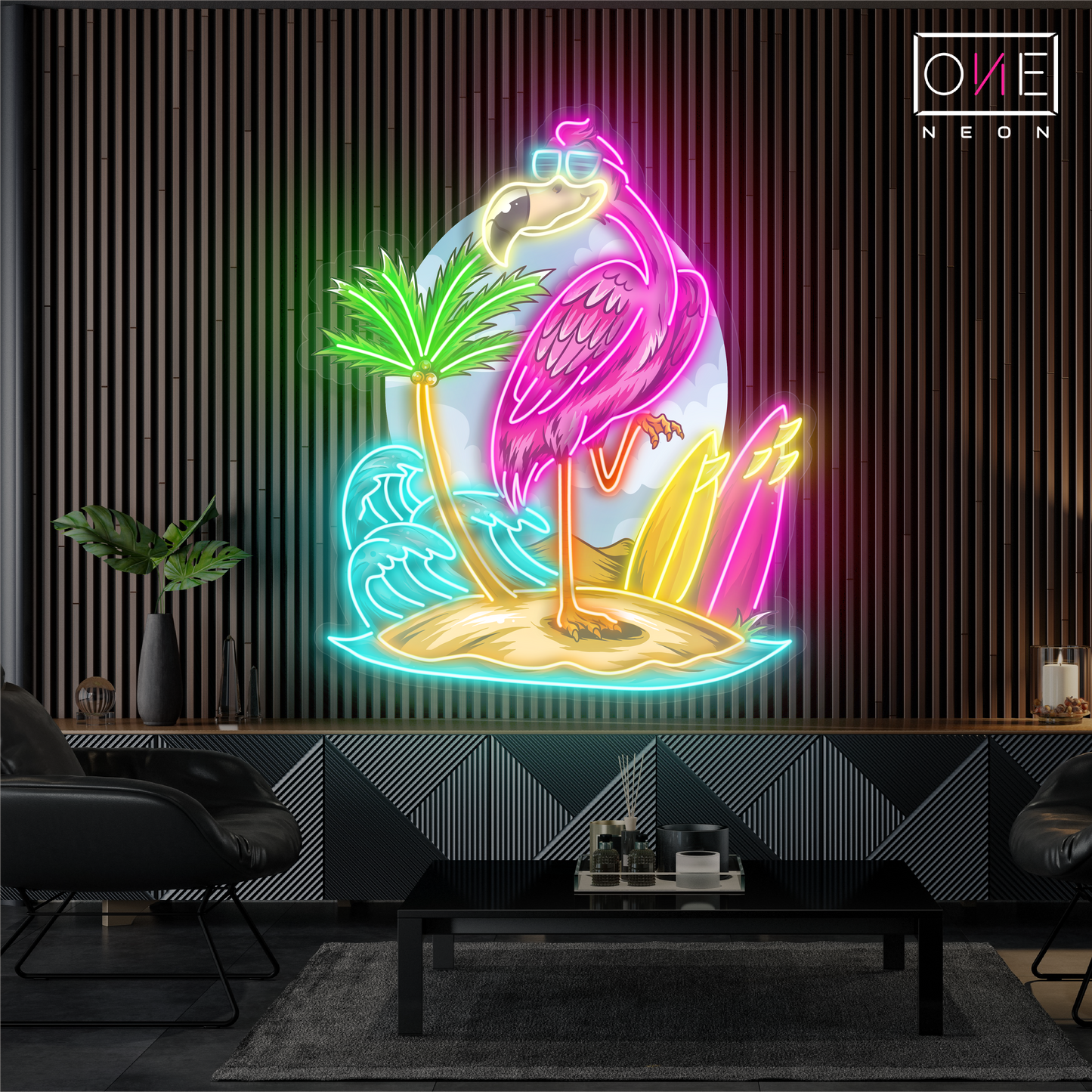 Enseigne néon LED œuvre d'art île aux flamants roses