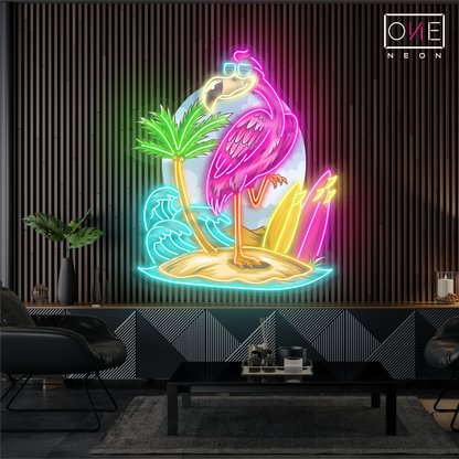 Enseigne néon LED œuvre d'art île aux flamants roses