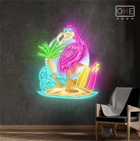 Enseigne néon LED œuvre d'art île aux flamants roses