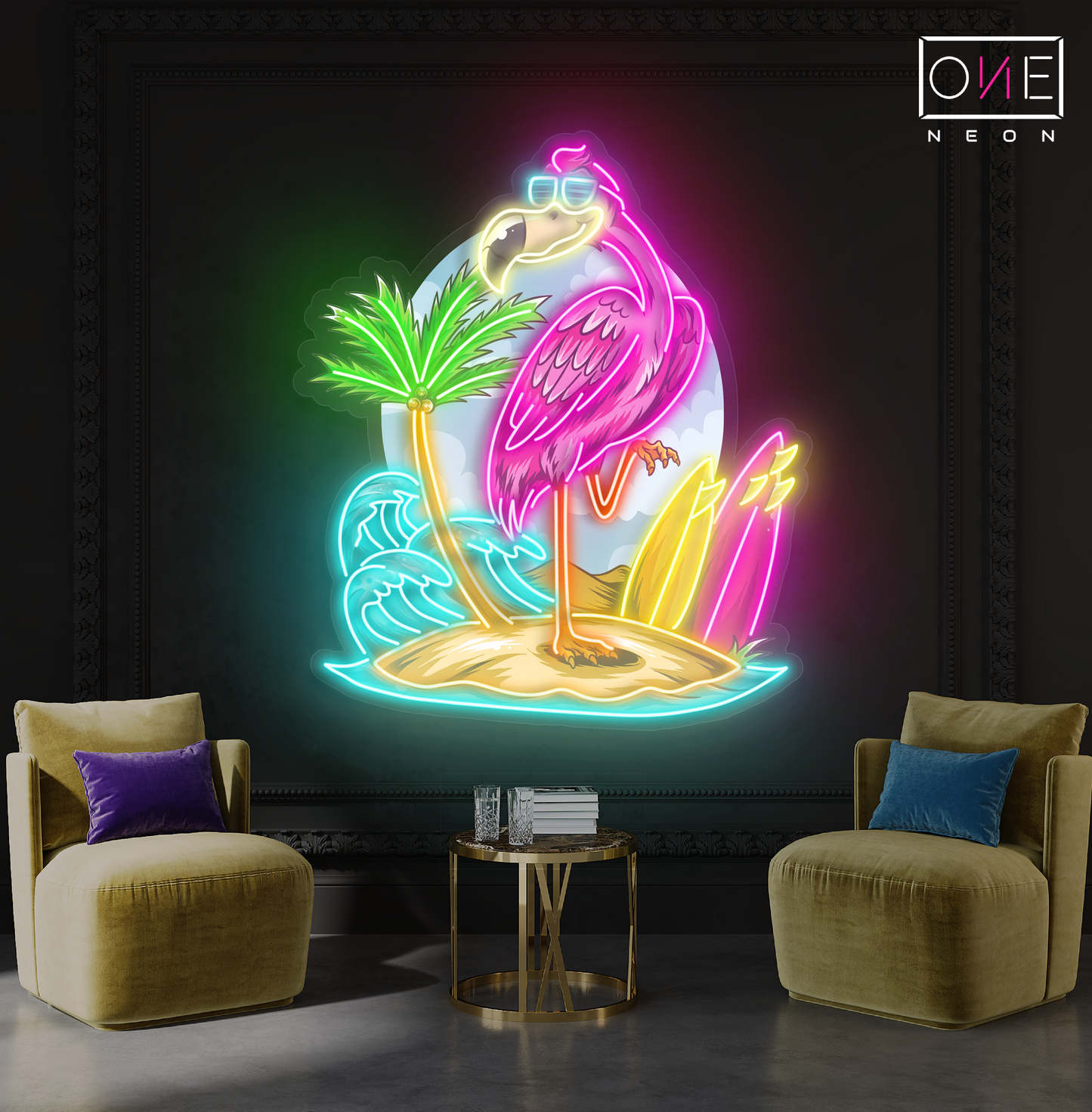 Enseigne néon LED œuvre d'art île aux flamants roses