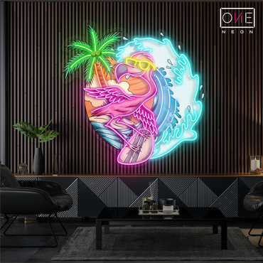 Enseigne néon LED flamant rose surfeur