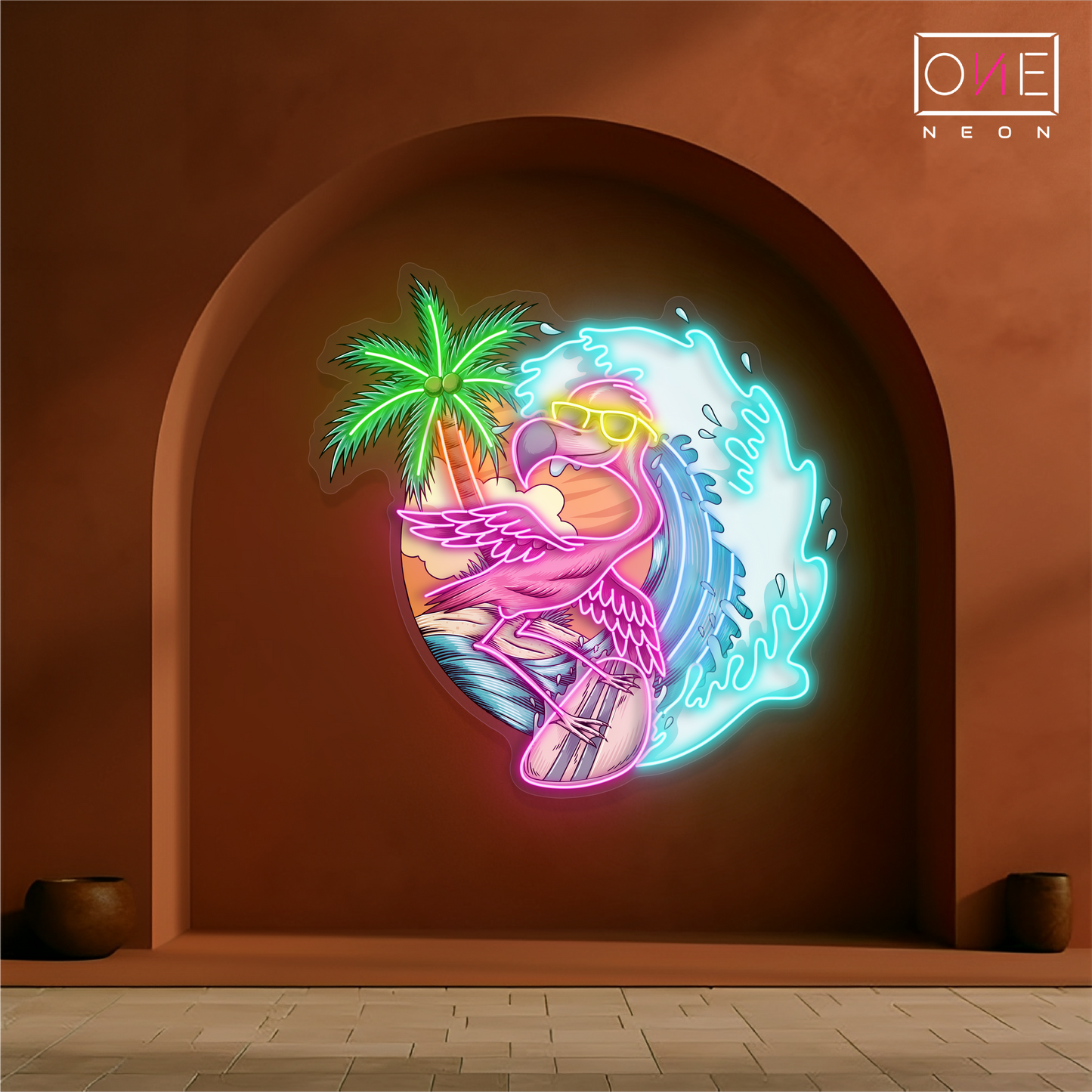 Enseigne néon LED flamant rose surfeur